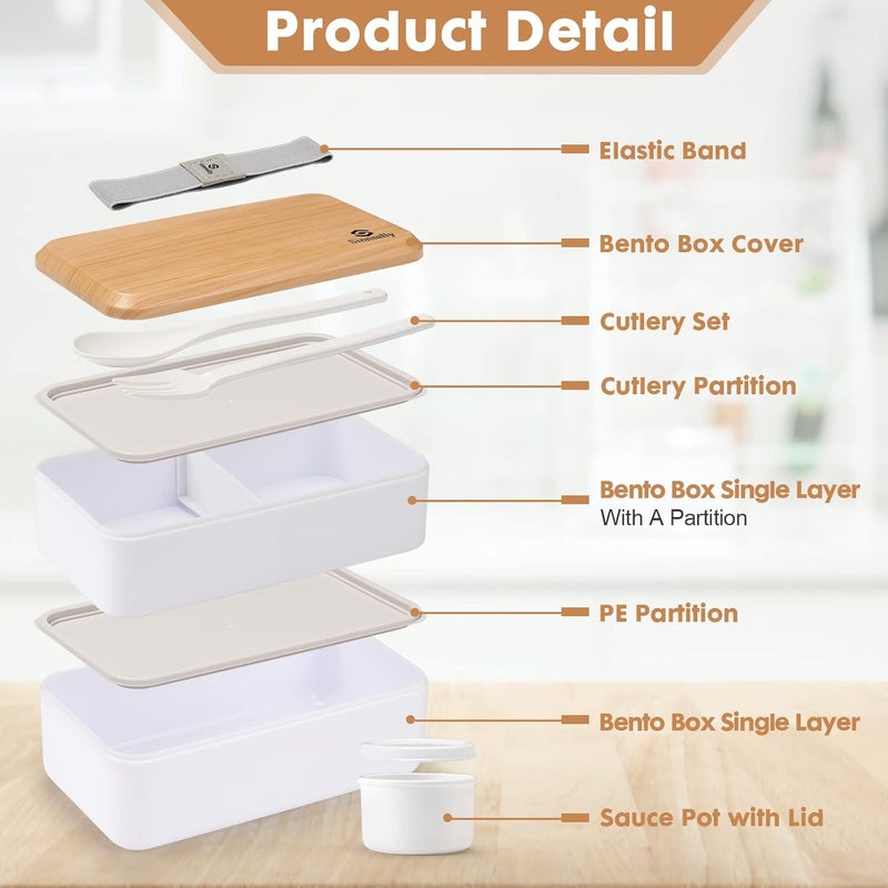 Sinnsally Lunch Box for Adult,1400ml Stackable Japanese Bento Lunch Box for Women,Lunch Containers with Food Compartments,Rectangle Bento Box with Cutlery Set,Leak-proof,Microwave Safe (White) - Image 3